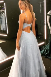 BMbride Open Back Spaghetti Strap Sequin Prom Dresses Ice Blue Sexy Evening Gowns BMbride